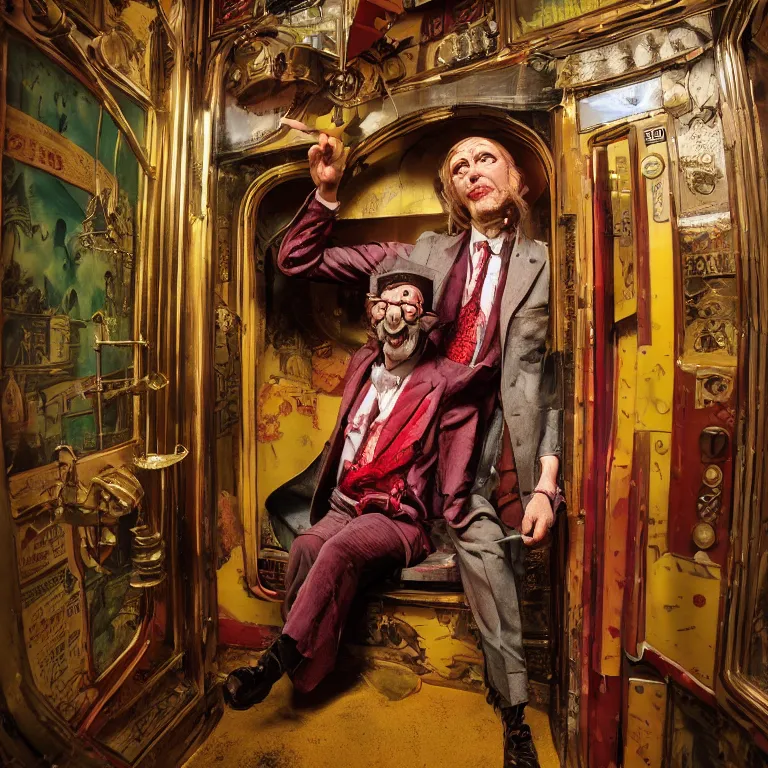 Prompt: professional octane render portrait by wayne barlow and carlo crivelli and glenn fabry, an eccentric weird man in a bright colorful saturated wes anderson elevator operator costume inside a dark and moody vintage elevator in a high - end exotic vintage boutique hotel, very short depth of field, bokeh