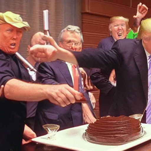 Image similar to donald j. trump shooting chocolate pudding from his hands onto liberals, chocolate pudding spraying from hands