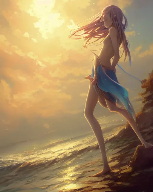 Image similar to an elven girl wading in the ocean, atmospheric lighting. By Makoto Shinkai, Stanley Artgerm Lau, WLOP, Rossdraws, James Jean, Andrei Riabovitchev, Marc Simonetti, krenz cushart, Sakimichan, trending on ArtStation, digital art.