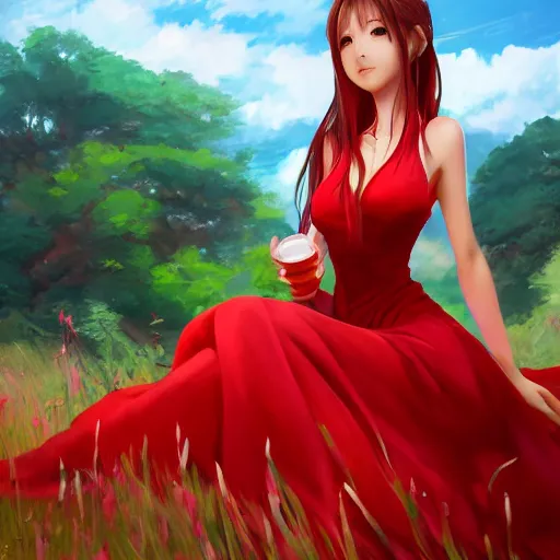 Image similar to red dress of aerith gainsborough by WLOP, rossdraws, Logan Cure, Mingchen Shen, BangkuART, sakimichan, yan gisuka, JeonSeok Lee, zeronis, Chengwei Pan on artstation