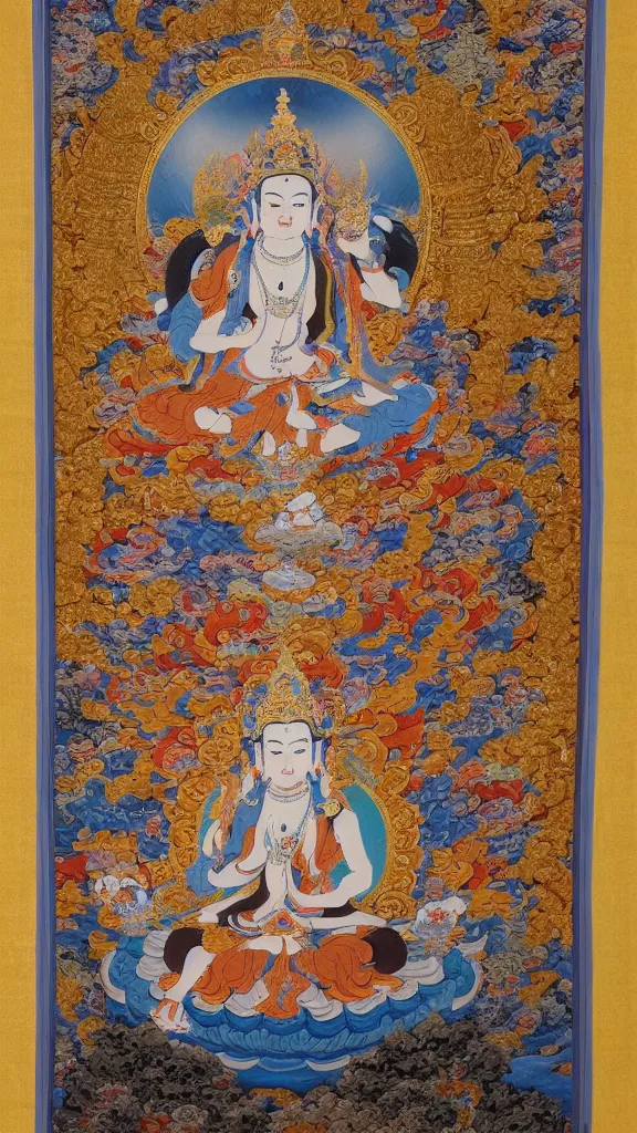 Prompt: a stunning intricate high-quality ornate ultradetailed Manjusri bodhisattva subdue demons, thangka arts, Tibetan, ca 12th century, Manjusri bodhisattva is shown seated on a lotus throne, with his right hand resting on his knee and his left hand holding a sword, Manjusri bodhisattva wears a crown and ample robes, and he has a serene expression on his face. The background is decorated with an intricate pattern of flowers and clouds, 64 megapixels, HDR, filmic, Octane, 8K resolution, ultrafine detail, ultrawide-angle lens, micro details, ray tracing,