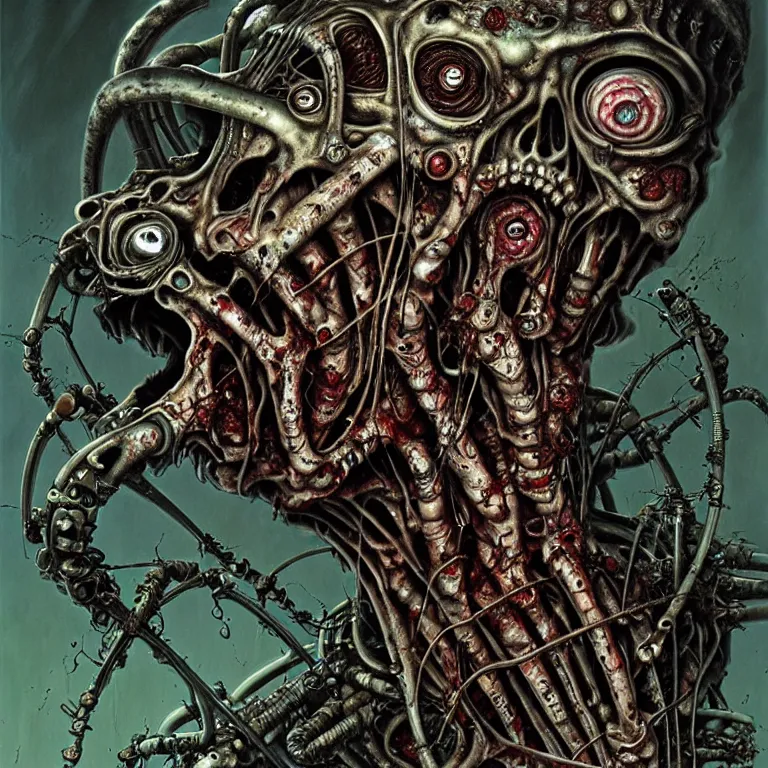 Prompt: cover art, biopunk. zombies, toxic mutation, biomechanical, herman nitsch, giger. airbrush, high detail.