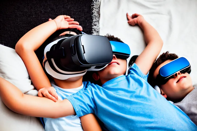 Image similar to An aerial stock photo of two boys laying in bed, with a bunch of stuff, wearing a VR-headset, featured on flickr, cluttered