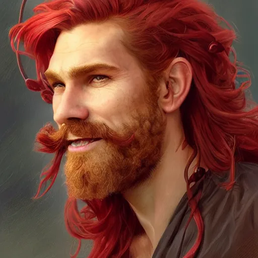 Prompt: portrait of a young ruggedly handsome but joyful pirate, male, masculine, upper body, red crimson hair, long flowing hair, fantasy, cheeky smirk, intricate, elegant, highly detailed, digital painting, artstation, concept art, matte, sharp focus, illustration, art by artgerm and greg rutkowski and alphonse mucha