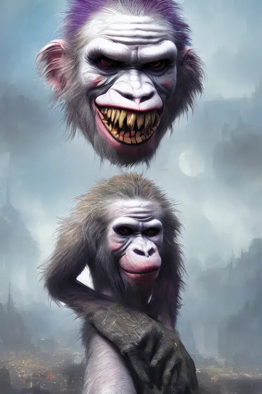 Image similar to miniature joker ape kid, realistic and ultra intricate detailed soft painting, volumetric lighting, mist, cityscape background, Artstation, Tom Bagshaw Yasushi Nirasawa Moebius artstyle, unreal render, depth of field,