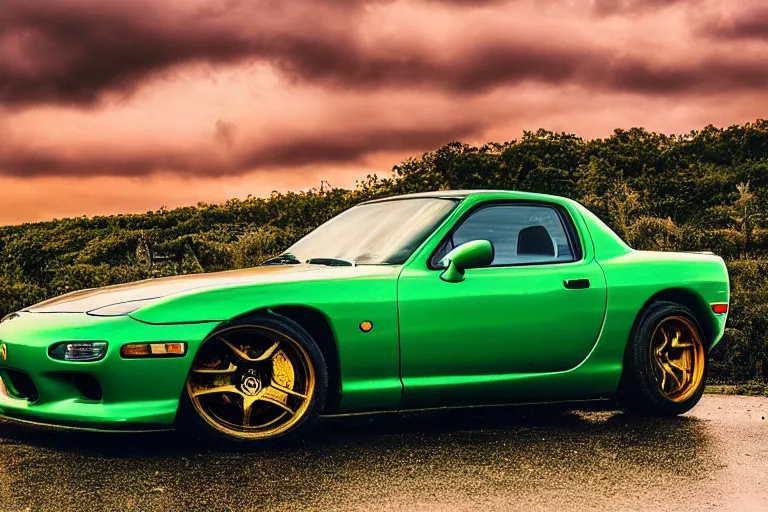 Prompt: A modified green Mazda RX-7 on a wet road, highly detailed, golden hour, atmospheric lighting, dramatic sky, 4k, 8k