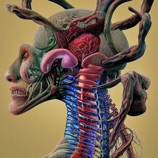 Image similar to nightmare etherreal iridescent vascular nerve bundles pearlescent spinal chord horror by Naoto Hattori, Zdzislaw, Norman Rockwell, Studio Ghibli, Anatomical cutaway