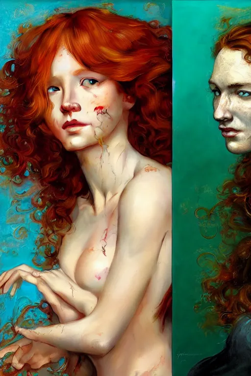 Prompt: hyper realistic painting portrait of a redhead girl with flowing curls and closed eyes, golden skin and turquoise background, hyper detailed face by stjepan sejic, by norman rockwell, by michael hussar, by roberto ferri, by ruan jia, textured turquoise background