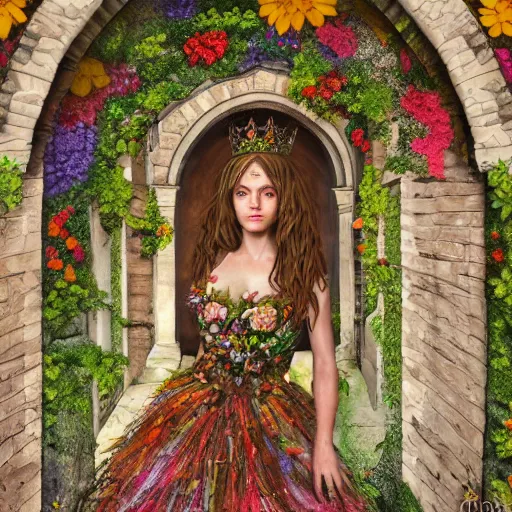 Prompt: Queen of the Fae wearing a crown of flowers and brocaded sleeveless gown, inside, archways, intricate brickwork, highly detailed, colorful, hyper realism, 4k