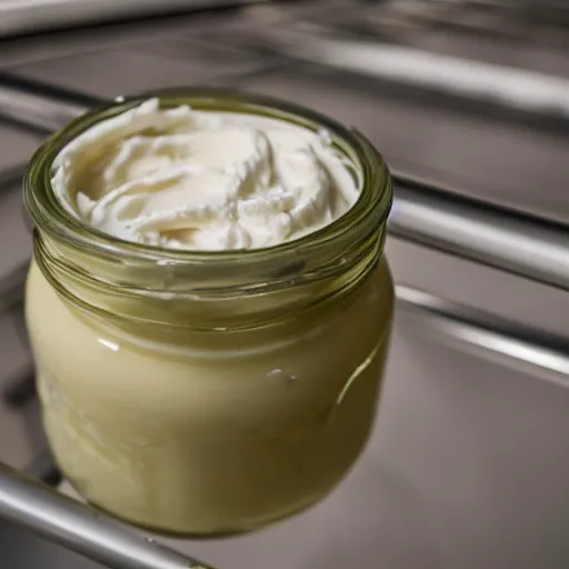 Image similar to a jar of mayonnaise on an escalator. close - up on the jar of mayonnaise. photorealistic, 8 k