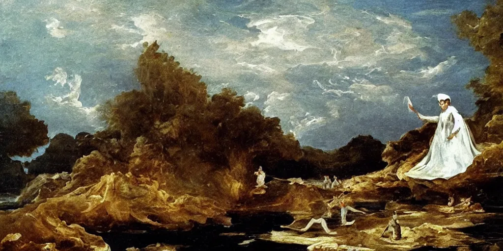 Prompt: hyperrealismBaptism on the river monster spider and girls in white capes landscape in style of Goya