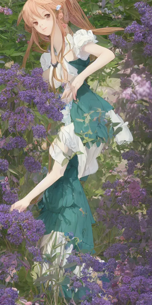 Prompt: a digital art of a loli with long hair in a dress in the privet garden at after noon, green and warm theme, mediumslateblue flowers, back lighting, by krenz cushart and mucha and akihito yoshida and greg rutkowski and makoto shinkai, highly detailed, 4 k resolution, trending on art station