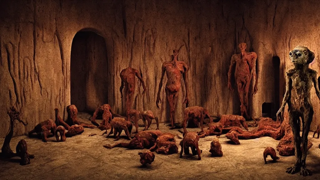 Image similar to the creature in the basement, made of ceramic and blood, surrounded by animals, film still from the movie directed by denis villeneuve and david cronenberg with art direction by salvador dali and zdzisław beksinski, wide lens