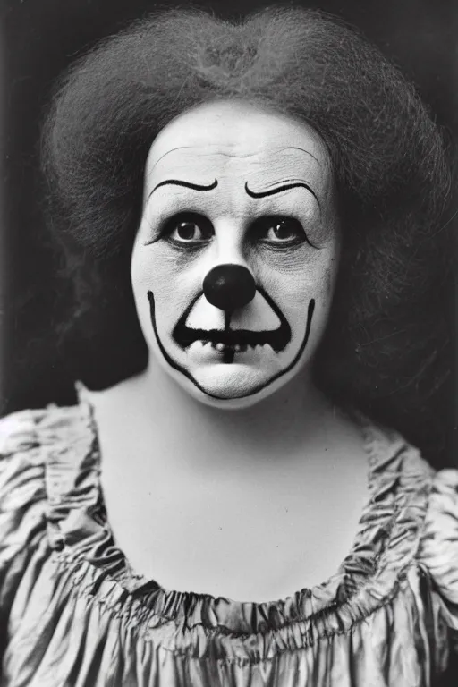 Image similar to old realistic photo of face of a female clown, photograph, early 1 9 0 0's, black and whitehighly detailed, matte, sharp focus, smooth, sharp focus, illustration