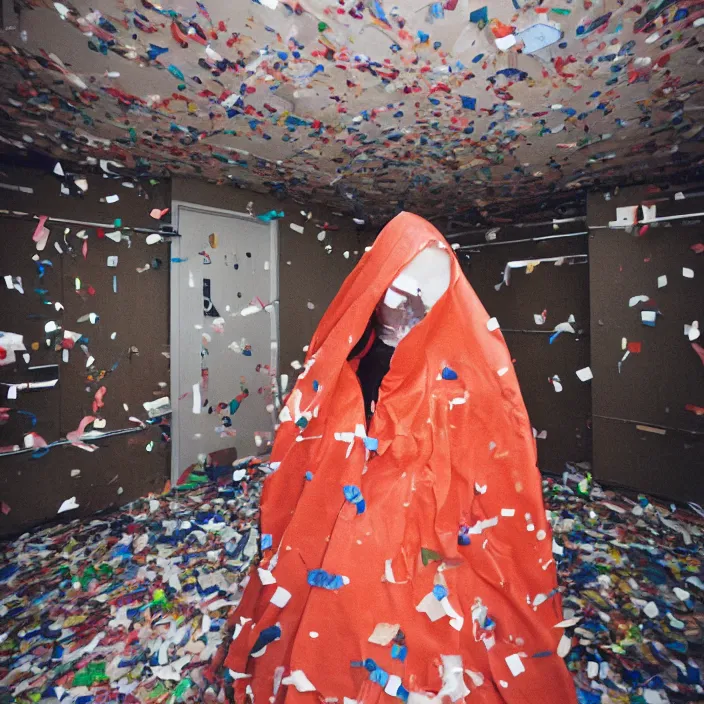 Image similar to a woman wearing a hood made of plastic and confetti, in an abandoned office building, by jan van eyck, canon eos c 3 0 0, ƒ 1. 8, 3 5 mm, 8 k, medium - format print