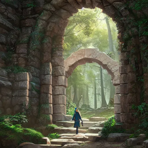 Image similar to concept art painting of an ornate ancient stone archway, in the woods, realistic, detailed, cel shaded, in the style of makoto shinkai and greg rutkowski and james gurney