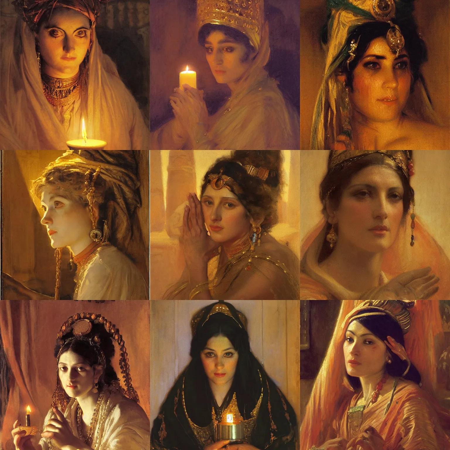 Prompt: orientalism priestess in a candle - lit sandstone temple face detail by theodore ralli and nasreddine dinet and anders zorn and nikolay makovsky and edwin longsden long, oil on canvas, masterful intricate artwork, excellent lighting, high detail 8 k