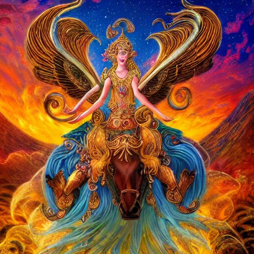 Prompt: goddess by josephine wall, goddess riding ram, flying ram, golden ram, goddess checking her phone, erupting volcano in distance, flowers in foreground, sun setting on right side of image, stars in sky on left side of image, trending on artstation, fantasy, intricately detailed