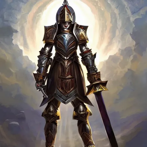 Image similar to a divine paladin wearing heavy armor with a heavy platemail helmet carrying a greatsword, artstation hall of fame gallery, editors choice, #1 digital painting of all time, most beautiful image ever created, emotionally evocative, greatest art ever made, lifetime achievement magnum opus masterpiece, the most amazing breathtaking image with the deepest message ever painted, a thing of beauty beyond imagination or words, 4k, highly detailed, cinematic lighting