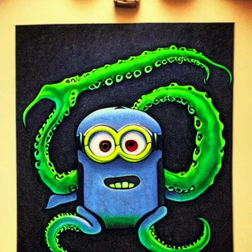 Image similar to Minion as Lovecraft's monster, tentacles, evil, dark colours, green colours, high resolution, 50 mm, extremely realistic, cave