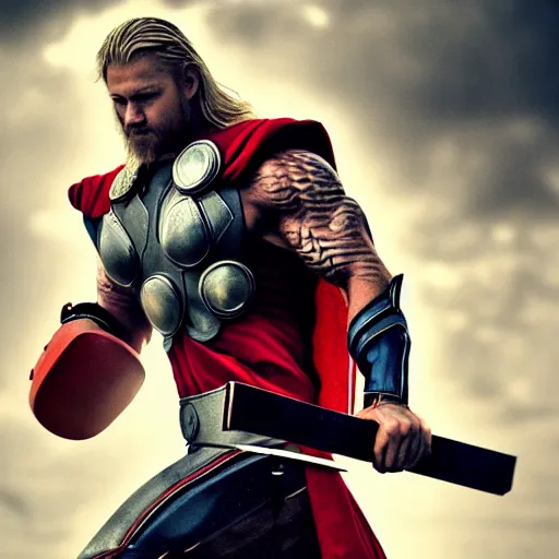 Prompt: warrior, male, thor, muscular, by wlop, cinematic, dark