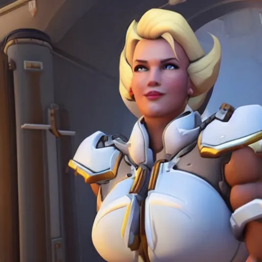 Image similar to a screenshot of arnold schwarzenegger as mercy in overwatch