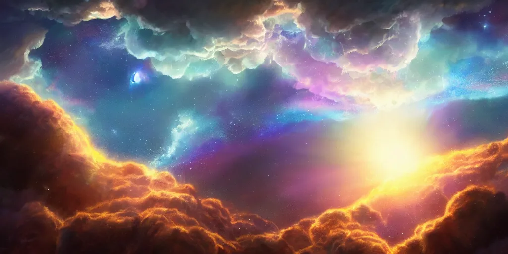 Image similar to Cosmic inflation bubbles peaking through the clouds, ascended master floating in the center emitting rays of consciousness concept art, matte painting, 8k, highly detailed, artstation, fluffy clouds, high quality,