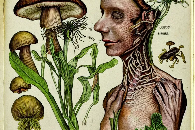 Prompt: a page from an old botany book of a woman with mushrooms sprouting all over her skin who looks distressed. in the style of franz kafka the metamorphosis. trending on artstation.