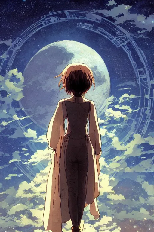 Image similar to a full moon containing the glimmering stairways to otherworldly galaxies, high intricate details, rule of thirds, golden ratio, cinematic light, anime style, graphic novel by fiona staples and dustin nguyen, by beaststars and orange, peter elson, alan bean, studio ghibli, makoto shinkai