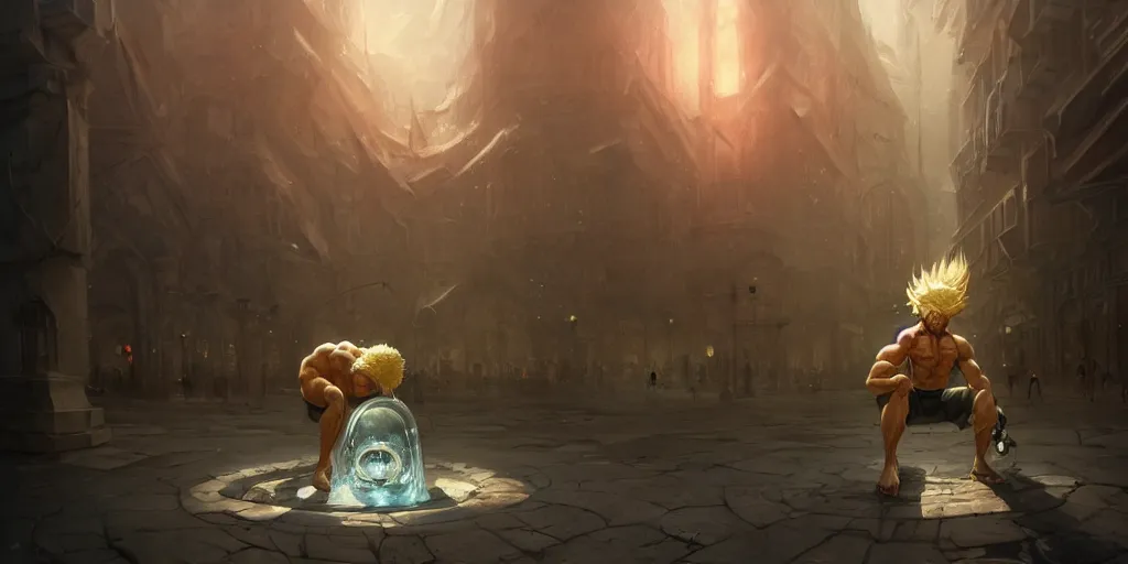 Prompt: Muscular old man with blond hair and beard engulfed in stasis crystal chamber in the middle of the square. In style of Greg Rutkowski, Jesper Ejsing, Makoto Shinkai, trending on ArtStation, fantasy, great composition, concept art, highly detailed, scenery, 8K, Behance.