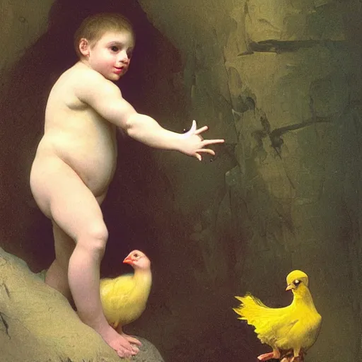 Prompt: feral child with yellow chick in cave, bouguereau