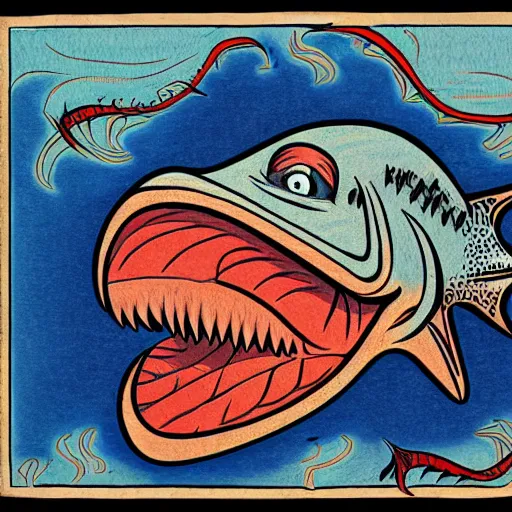 Image similar to illustration of an angler fish, in the style of robert geronimo, deep sea, large mouth filled with pointed teeth, stylized linework, ornamentation, artistic, color