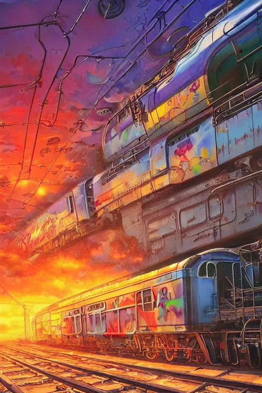 Image similar to trains covered in dripping graffiti paint, by tom lovell and greg staples and hiroshi yoshida and moebius and loish and artgerm, painterly, illustration, sunset lighting