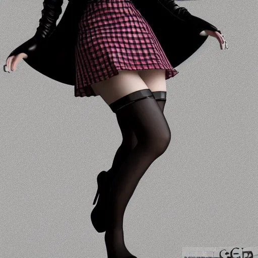 Image similar to curvy feminine hot goth cutie with sublime modest elegant checkered leather dress, leather stockings, cgsociety, photorealistic, comfy ambience, idealistic, 16k, smooth, sharp focus, trending on ArtStation, volumetric lighting, fully clothed, worksafe