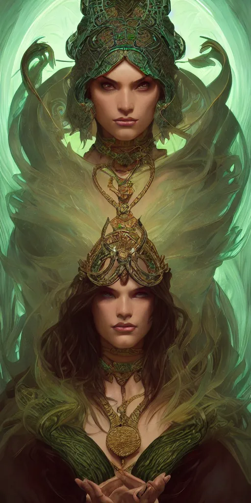 Image similar to sinister mage, snake queen, ancient, sand, emerald, intricate, highly detailed, digital painting, artstation, concept art, smooth, sharp focus, illustration, Unreal Engine 5, 8K, art by artgerm and greg rutkowski and alphonse mucha