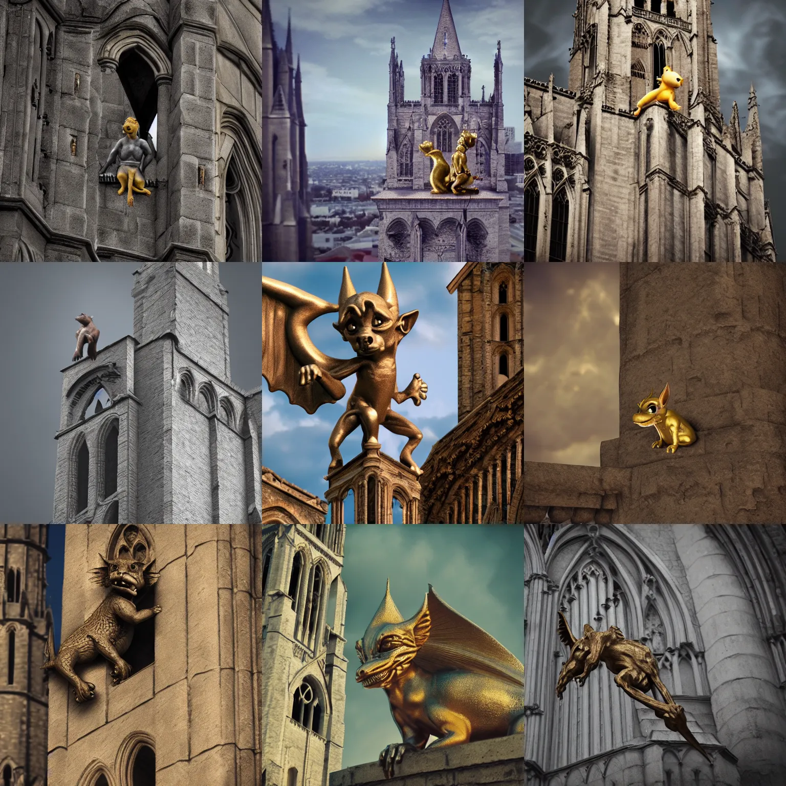 Prompt: Goldie the baby gargoyle on a cathedral tower, hyper realistic, octane render 4k