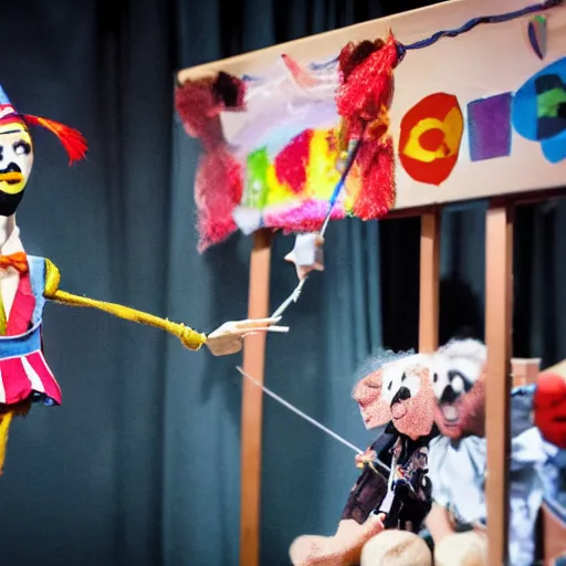 Image similar to puppeteer in puppet show using a string marionette of a president with clown makeup in a podium