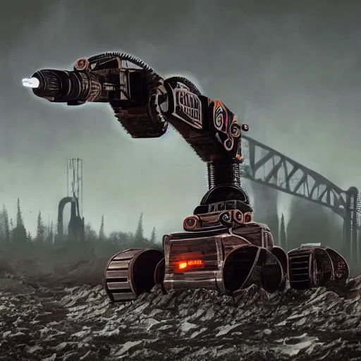 Image similar to giant scary quadrupedal mining robot with drill, four legs, highly detailed body, retro, industrial, dark, dystopian, apocalyptic, clean, in the style of simon stalenhag, 8 5 mm f / 1. 4