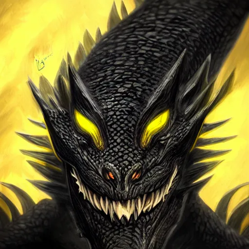 Prompt: Closeup portrait of black dragon head with yellow eyes, ultra realistic, fantasy, magic, dnd