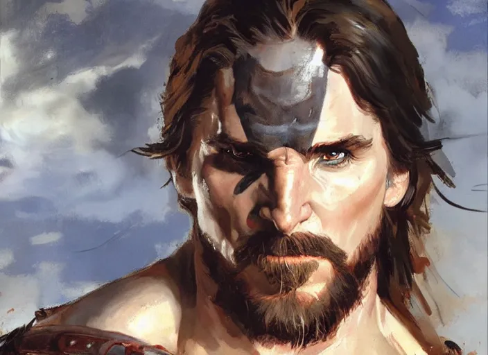 Prompt: a highly detailed beautiful portrait of christian bale as kratos, by gregory manchess, james gurney, james jean