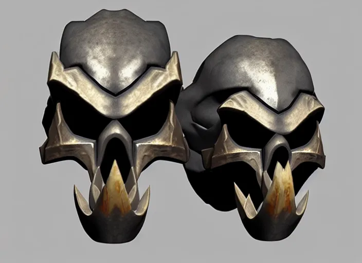 Image similar to tusked damaged brushed metal skull mask, stylized stl, 3 d render, activision blizzard style, hearthstone style, darksiders art style