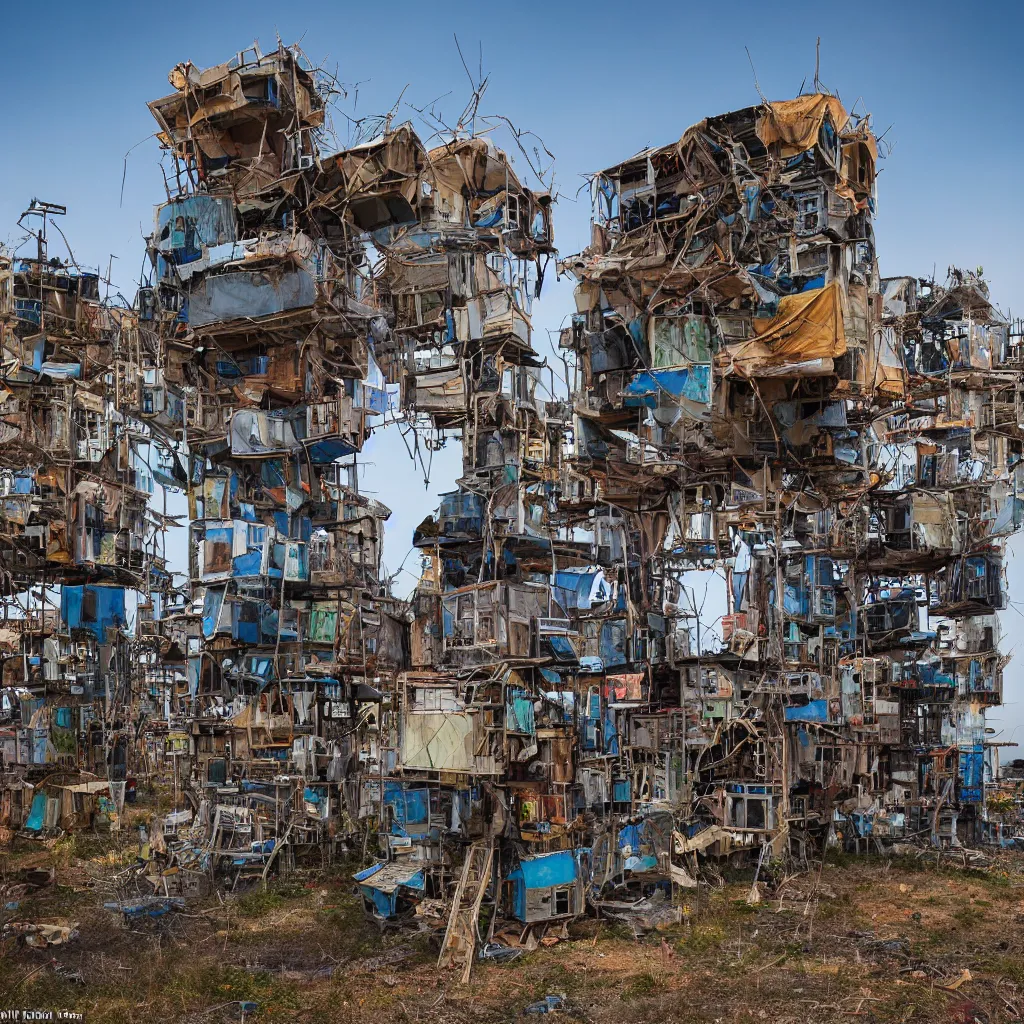 Image similar to a tower made up of makeshift squatter shacks, dystopia, sony a 7 r 3, f 1 1, fully frontal view, photographed by david lachapelle, ultra detailed,