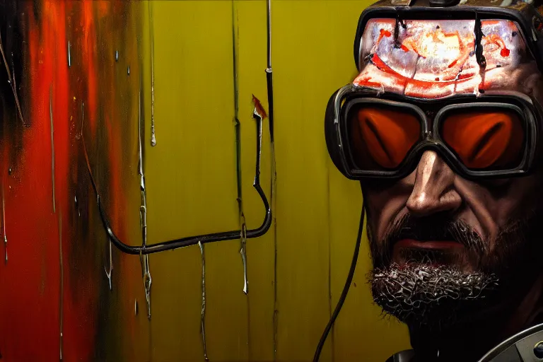 Image similar to photorealistic oil painting of gordon freeman in a damaged, scratched and worn down hev suit, night, rain, dense fog, dark room, cinematic, volumetric lighting, f 8 aperture, cinematic eastman 5 3 8 4 film, photorealistic