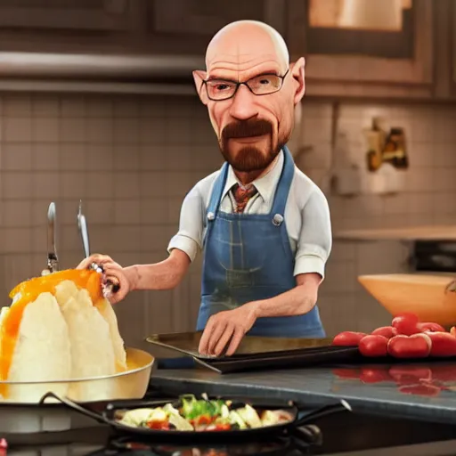 Prompt: walter white in ratatouille with rat on head while cooking