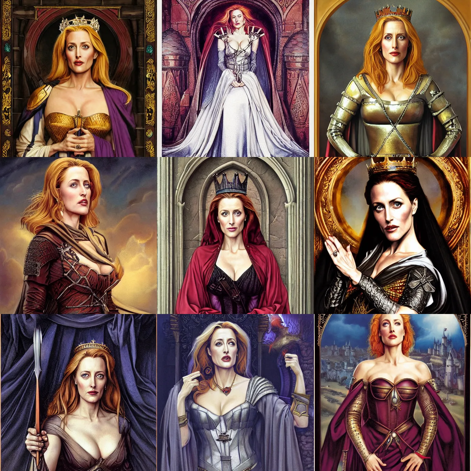 Prompt: Gillian Anderson as a beautiful Medieval Queen , by Gerald Brom , Mark Arian , Artgerm