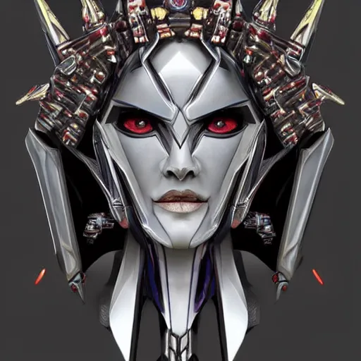 Prompt: symmetry!! a female transformer with a tall crown, black eyes!! very symmetrical face, highly detailed, by steven zavala, by matt tkocz, by shane baxley, transformers cinematic universe, pinterest, deviantart, artstation _ h 7 5 0