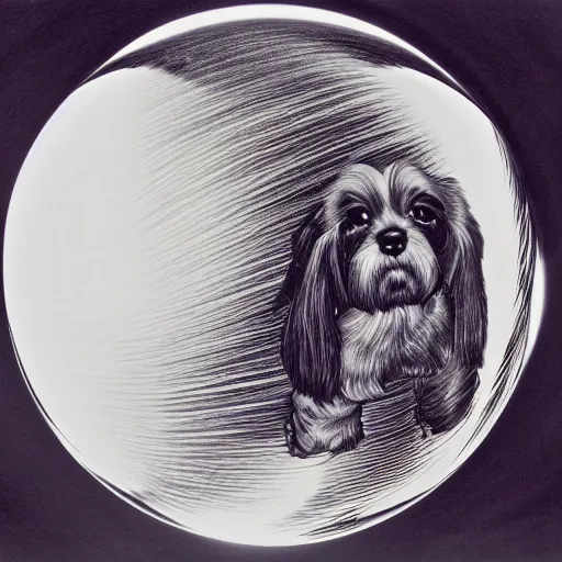 Prompt: self portrait of a havanese dog reflecting into a chrome sphere held by a dog's paw, pen on paper, by mc escher