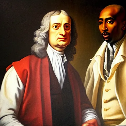 Prompt: a realistic classical painting of sir isaac newton and tupac shakur, chillin at the club together, oil on canvas, brilliant detail, exquisite