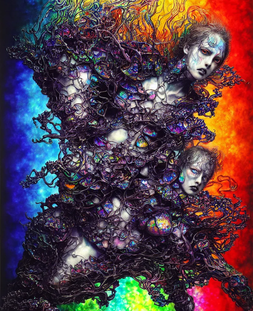 Image similar to realistic detailed image of ultra wrathful rainbow diamond iridescent mega sybiote, depth perception, depth of field, action horror by ayami kojima, neo - gothic, gothic, part by adrian ghenie and gerhard richter. art by yoshitaka amano. masterpiece