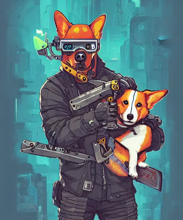 Image similar to a portrait of a cyberpunk corgi holding a chainsaw, fantasy, elegant, digital painting, artstation, concept art, matte, sharp focus, illustration, art by josan gonzalez